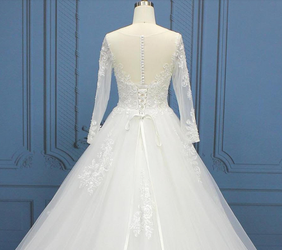 Traditional Lace A Line Sequined Illusion Back Bridal Wedding Gown