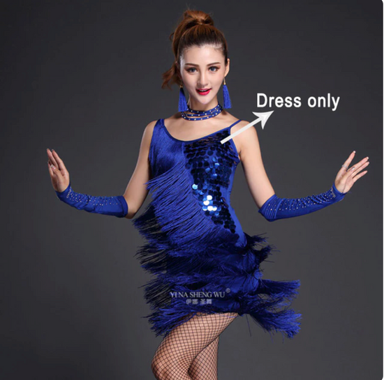 Latin Dance Costume Adult Fringe Sequin Dress Professional Dancing Tassel Dress
