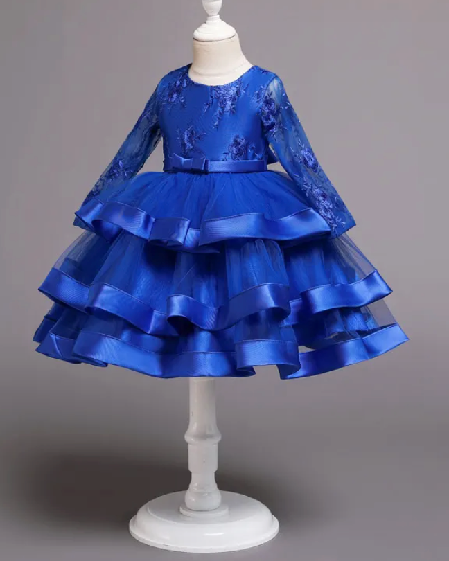 Long Sleeve Satin Tulle Flower Girl Party Dress