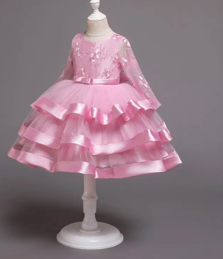 Long Sleeve Satin Tulle Flower Girl Party Dress