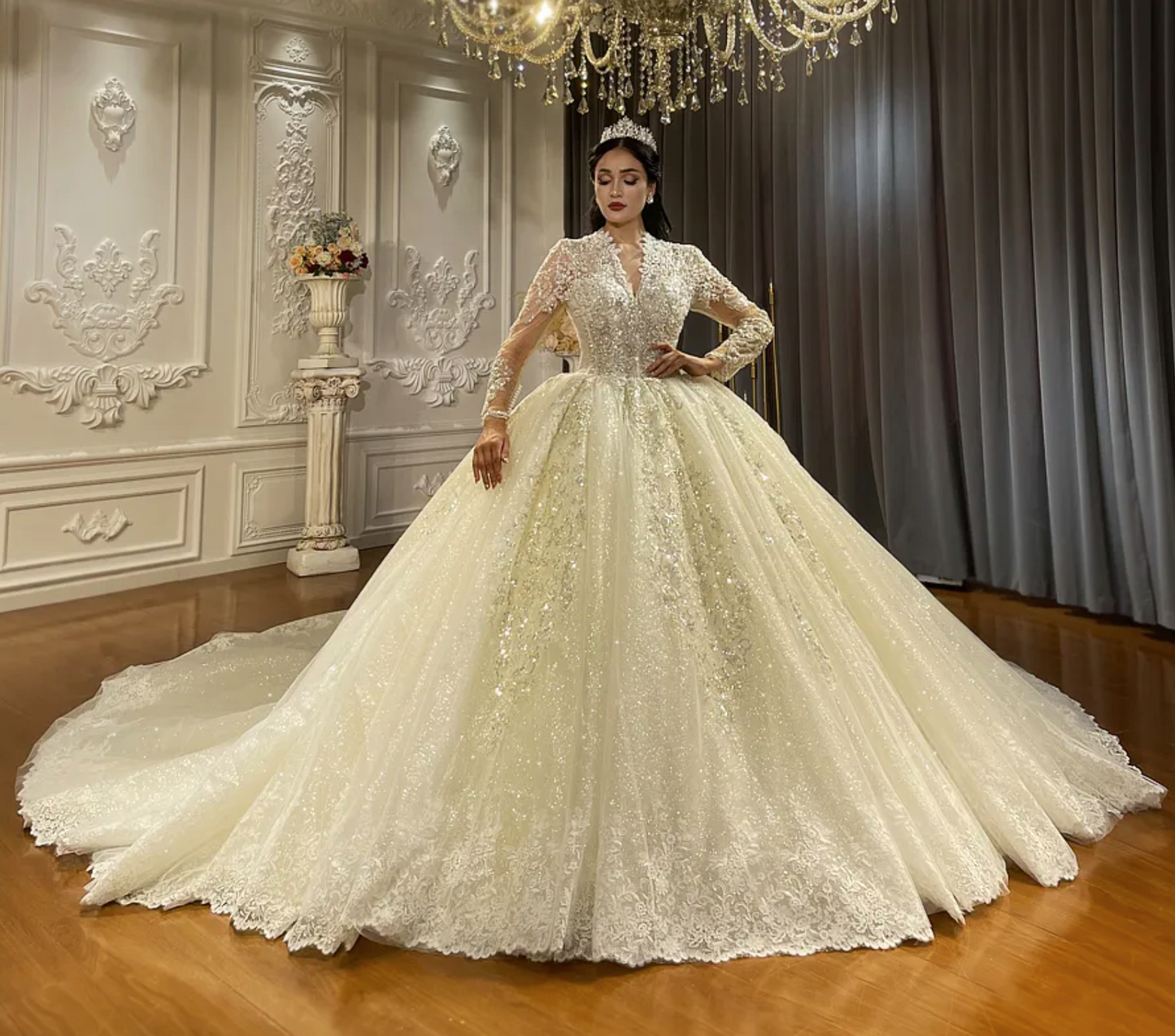 Princess Wedding Dresses Long Sleeves Beaded Lace Appliques Plus Size Ball  Gowns | eBay