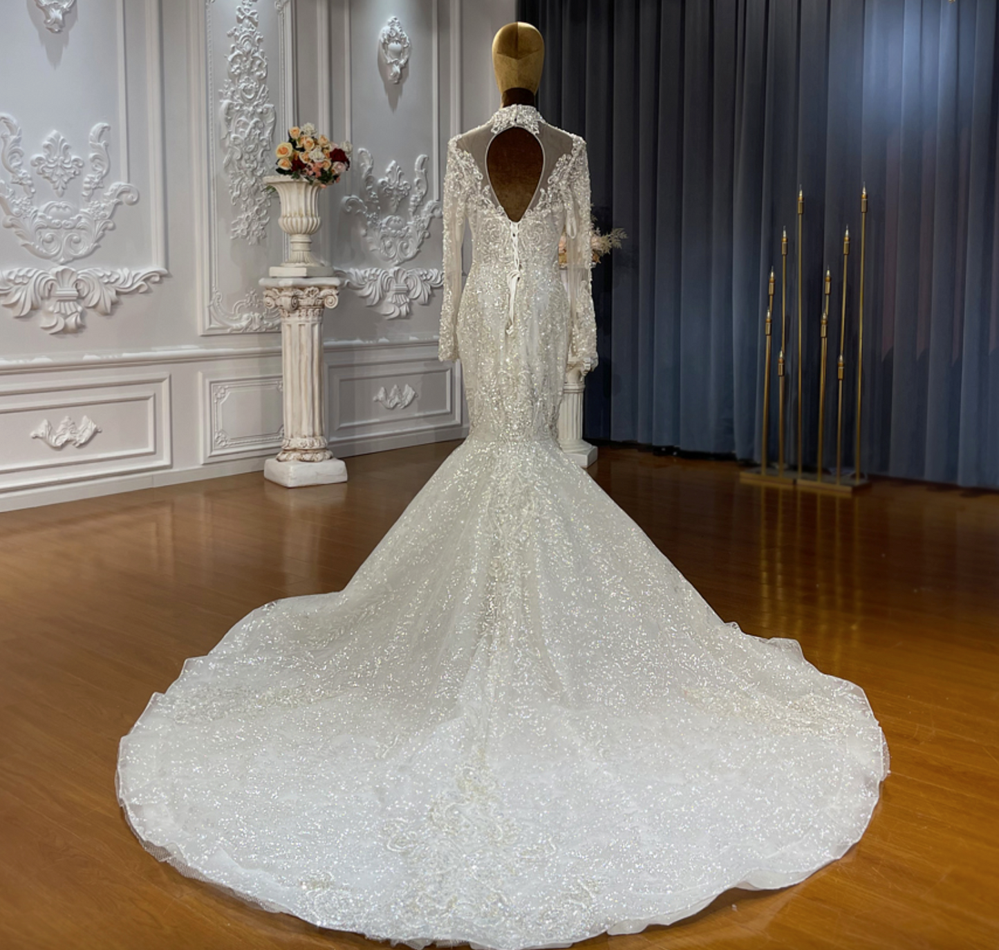 Load image into Gallery viewer, High Neck Long Lace Sleeve Wedding Mermaid Gown with Detachable Train
