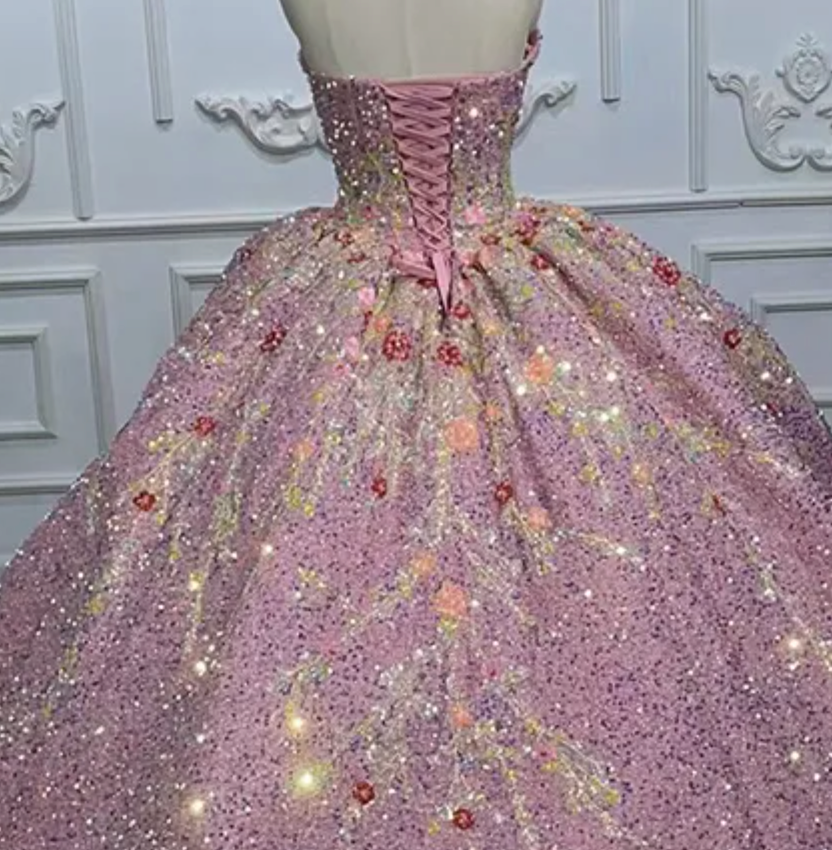 
                      
                        Pink Sequined Sweetheart Party Gown
                      
                    