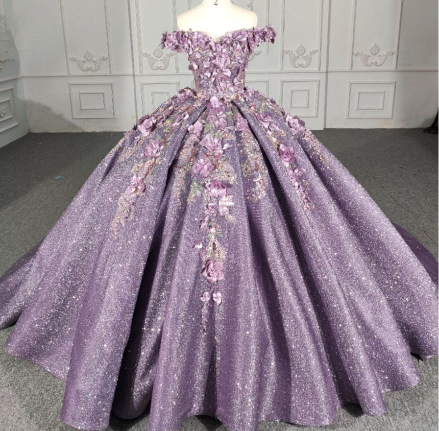 Purple Floral A Line Sequined Party Ball Gown