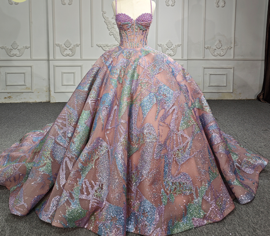 Clarisse ball gown with beaded top and multi color skirt