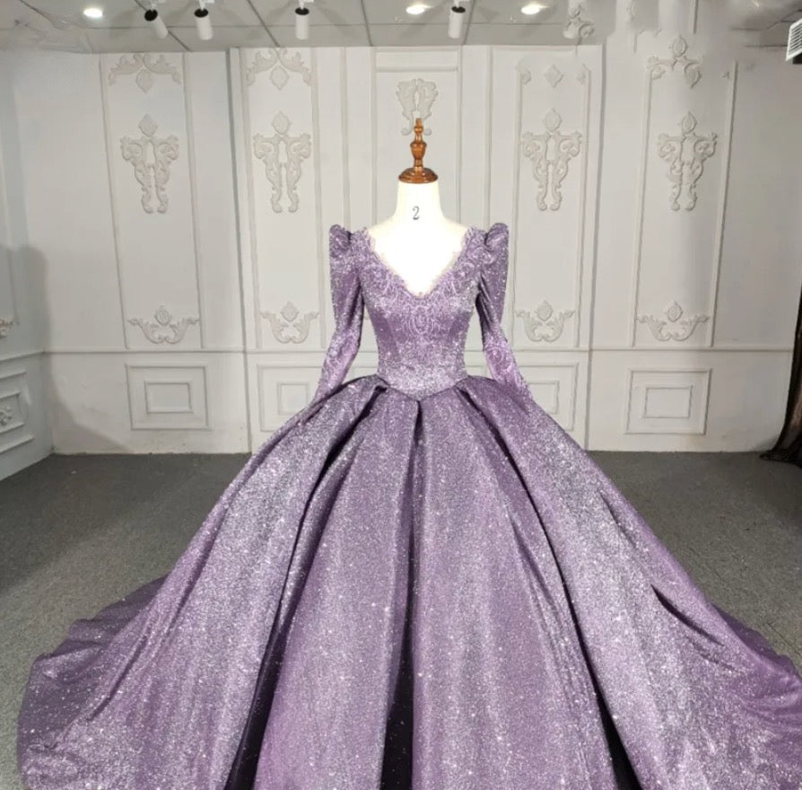 Purple Long Sleeve Full Gather Skirt A Line Party Ball Gown – TulleLux ...