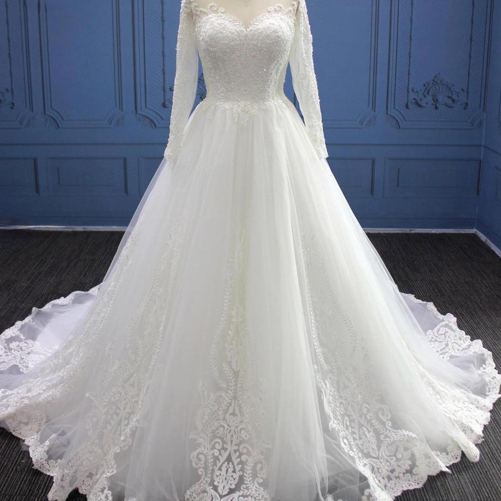 Long Sleeve Illusion Lace Tulle Pearl Bead A Line Wedding Dress