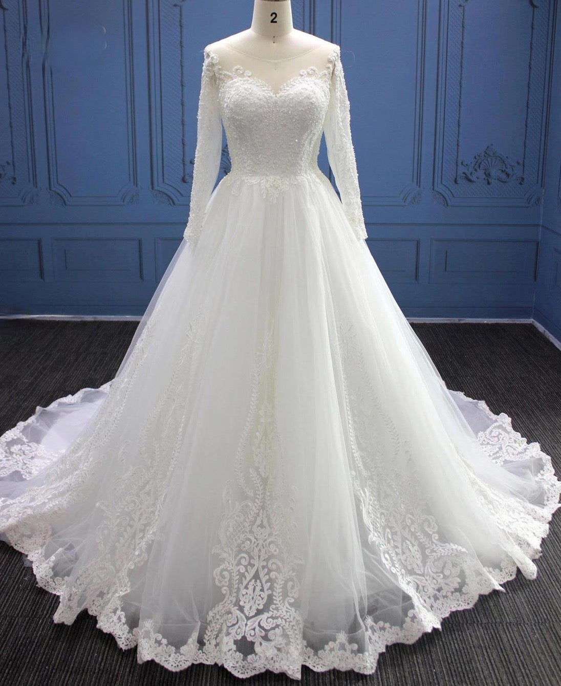 Long Sleeve Illusion Lace Tulle Pearl Bead A Line Wedding Dress