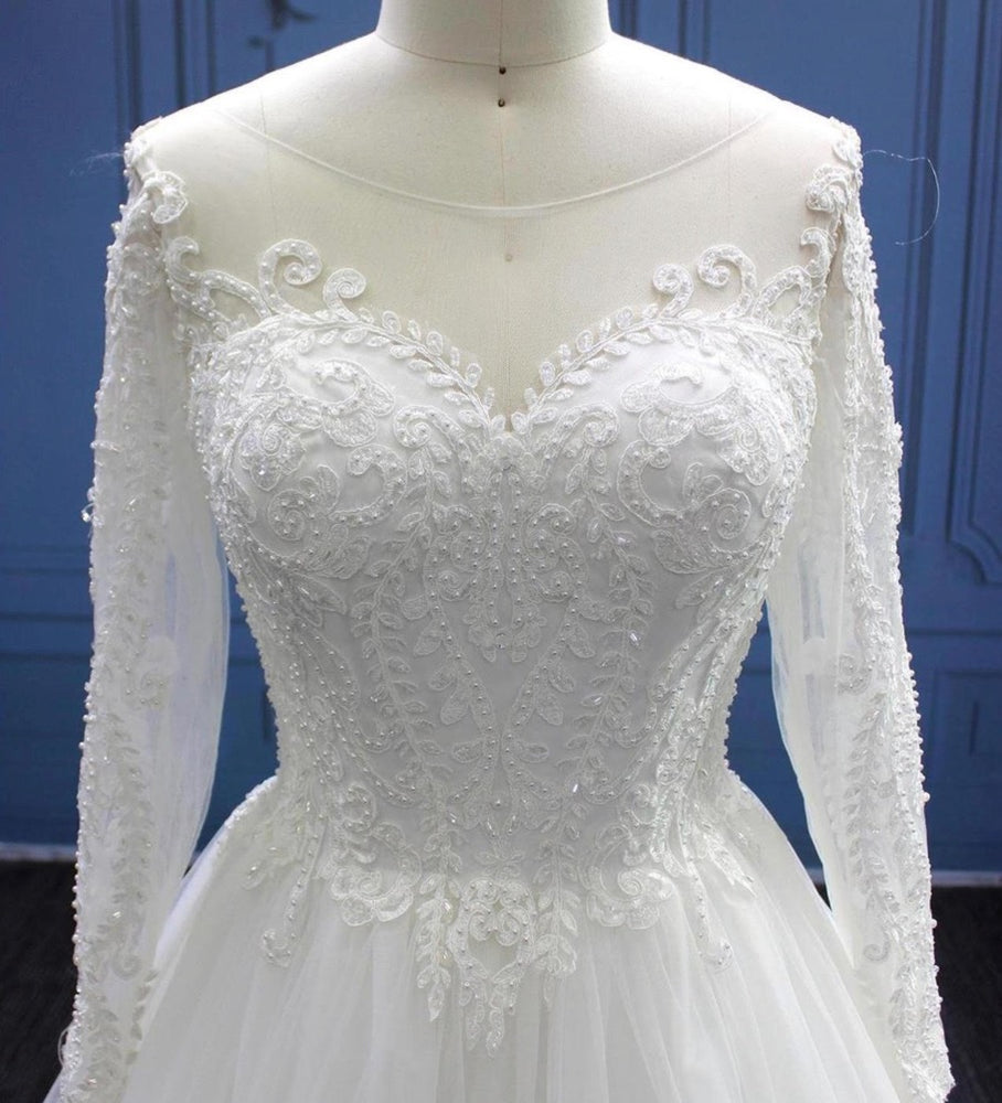 
                      
                        Long Sleeve Illusion Lace Tulle Pearl Bead A Line Wedding Dress
                      
                    