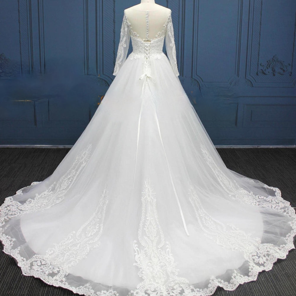 Long Sleeve Illusion Lace Tulle Pearl Bead A Line Wedding Dress