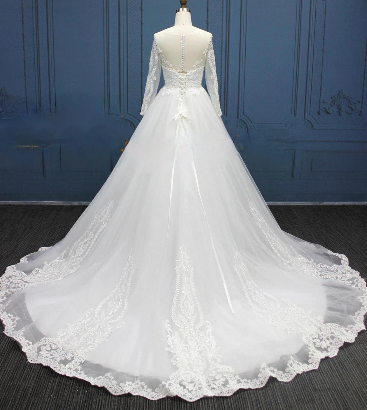 Long Sleeve Illusion Lace Tulle Pearl Bead A Line Wedding Dress
