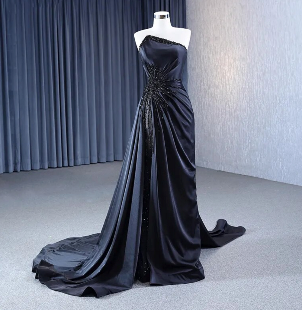 Hand Beaded Black Evening Formal Party Gown