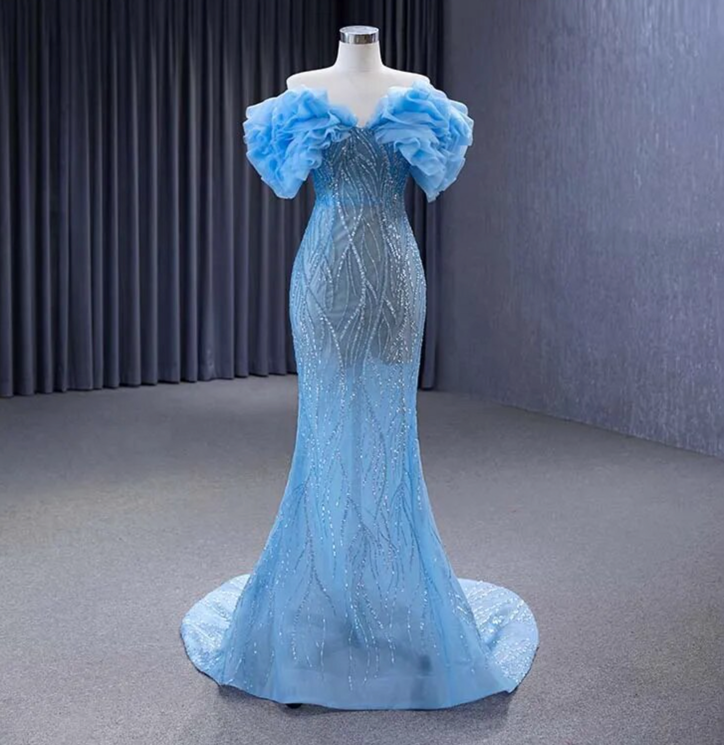 Beaded Baby Blue Mermaid Formal Wear Gown