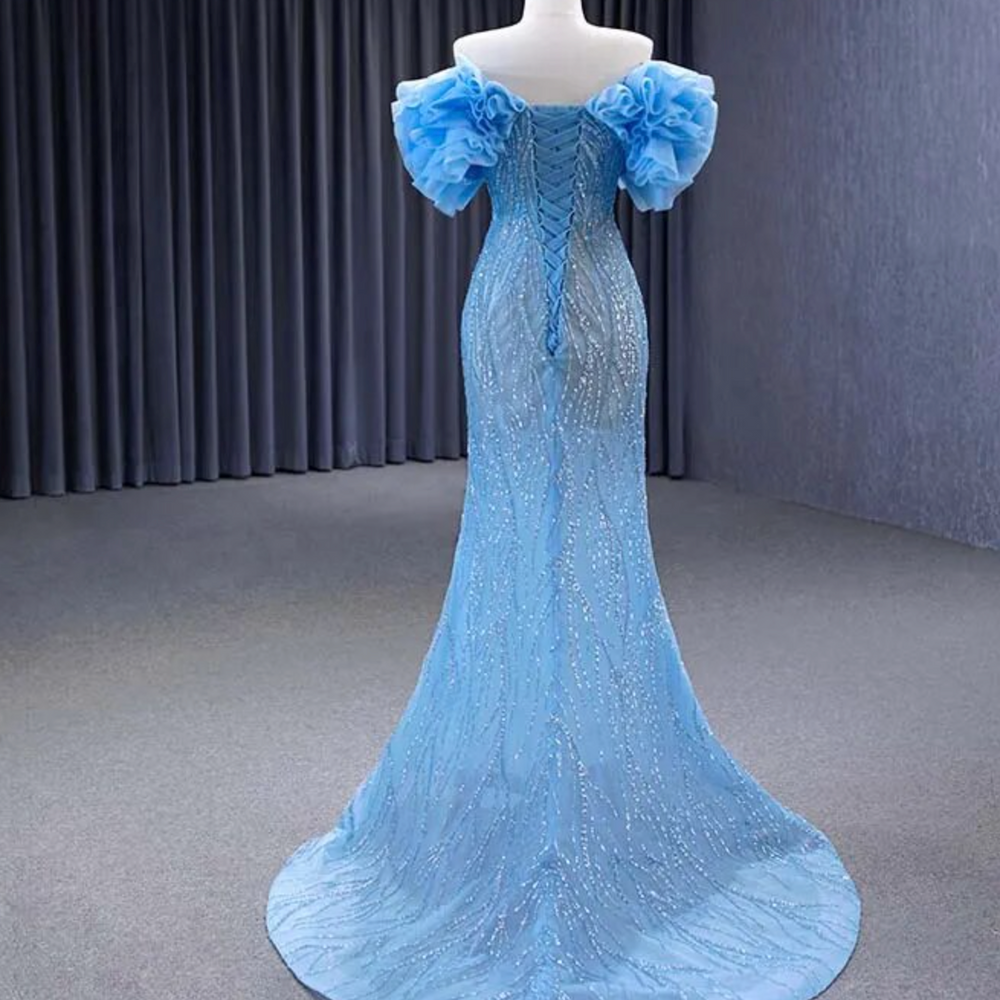 Beaded Baby Blue Mermaid Formal Wear Gown