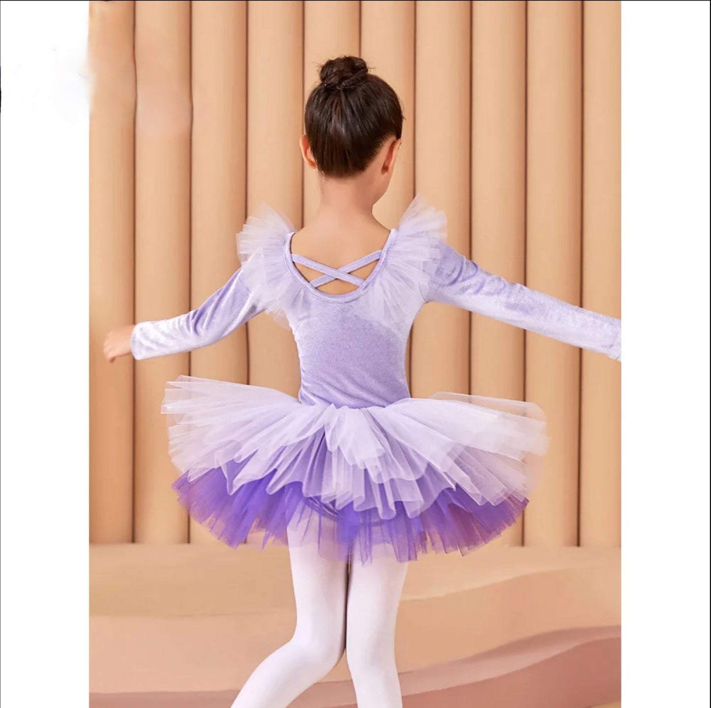 Girls Long-Sleeved Velvet Dance Tutu Leotard Ballet Costume