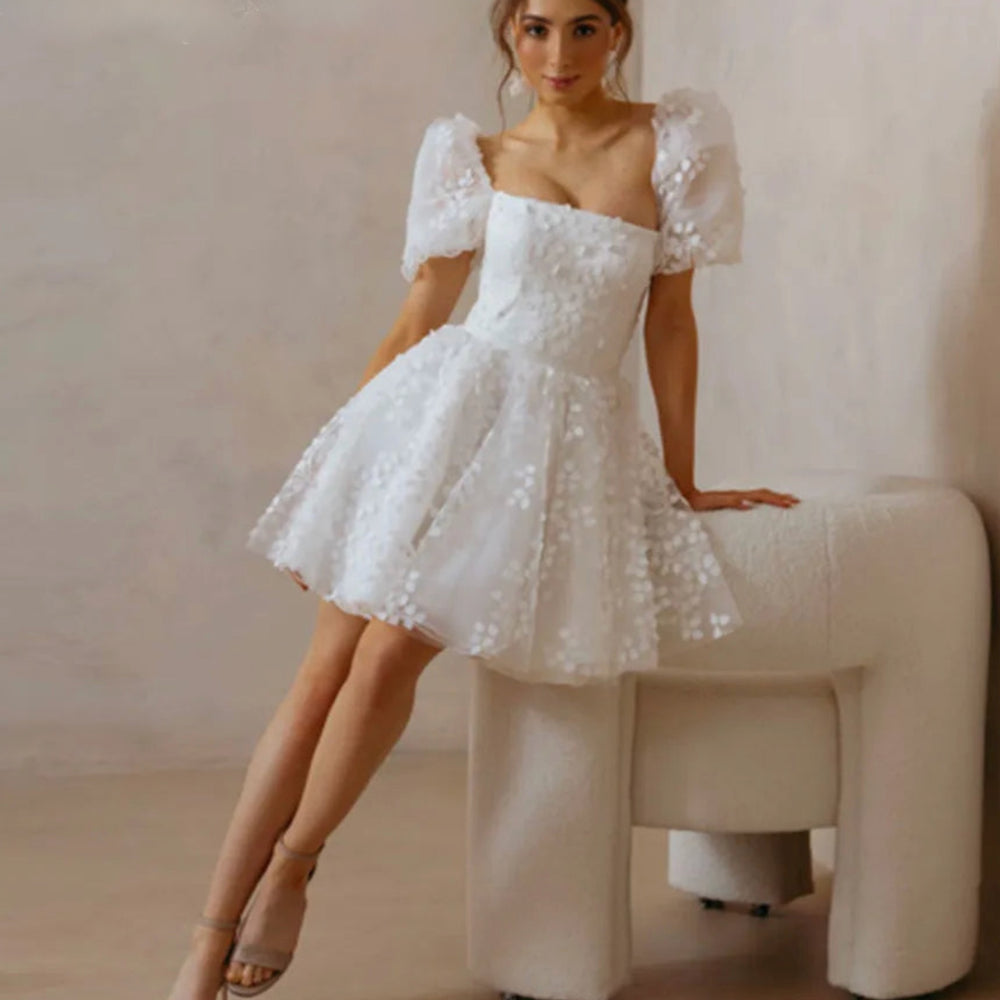 
                      
                        Lace Short Wedding Dress Puff Sleeves A Line Bridal Mini Dress
                      
                    