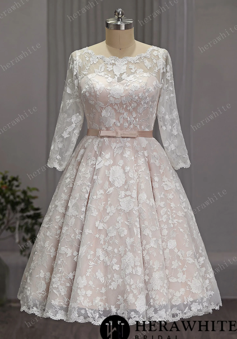 Tea length 2024 blush wedding dress