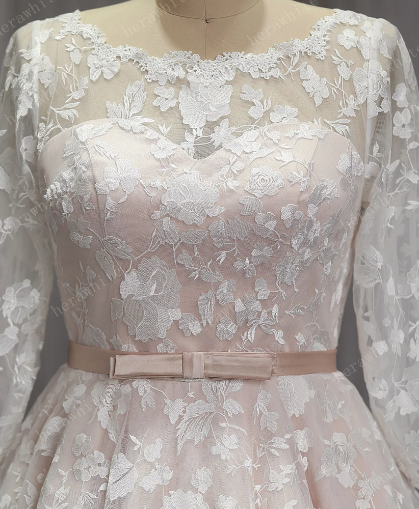 Vintage Inspired Short Tea Length Blush Wedding Dress With Lace Sleeves