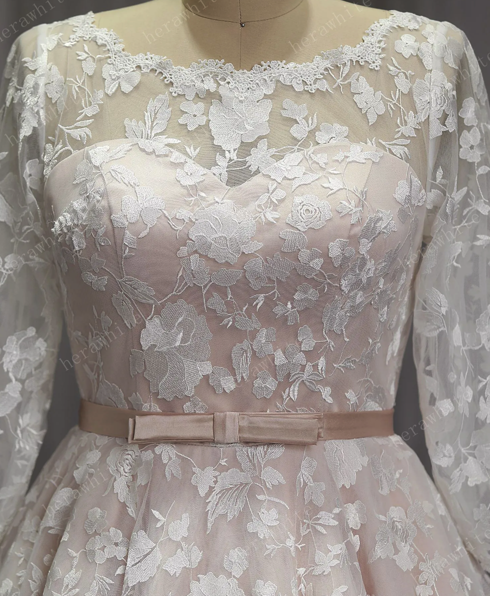 Vintage Inspired Short Tea Length Blush Wedding Dress With Lace Sleeves