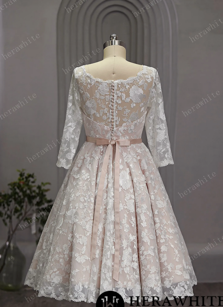 
                      
                        Vintage Inspired Short Tea Length Blush Wedding Dress With Lace Sleeves
                      
                    