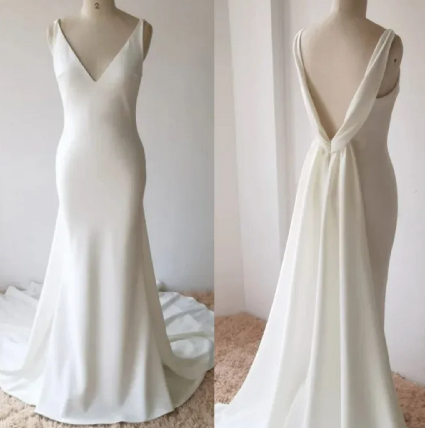 Deep V Neck Crepe Detachable Train Mermaid Wedding Dress Open Back Bridal Gown