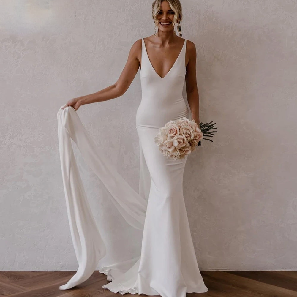 Deep V Neck Crepe Detachable Train Mermaid Wedding Dress Open Back Bridal Gown