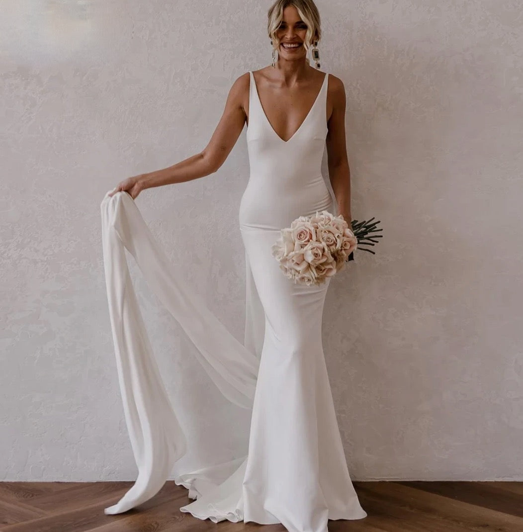 Deep V Neck Crepe Detachable Train Mermaid Wedding Dress Open Back Bridal Gown