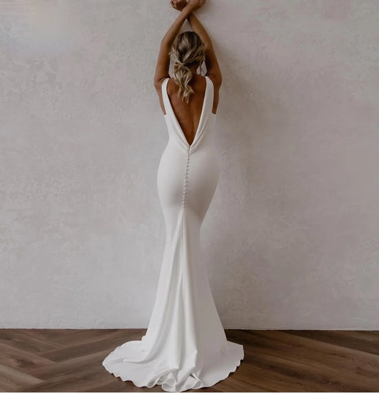 Deep V Neck Crepe Detachable Train Mermaid Wedding Dress Open Back Bridal Gown