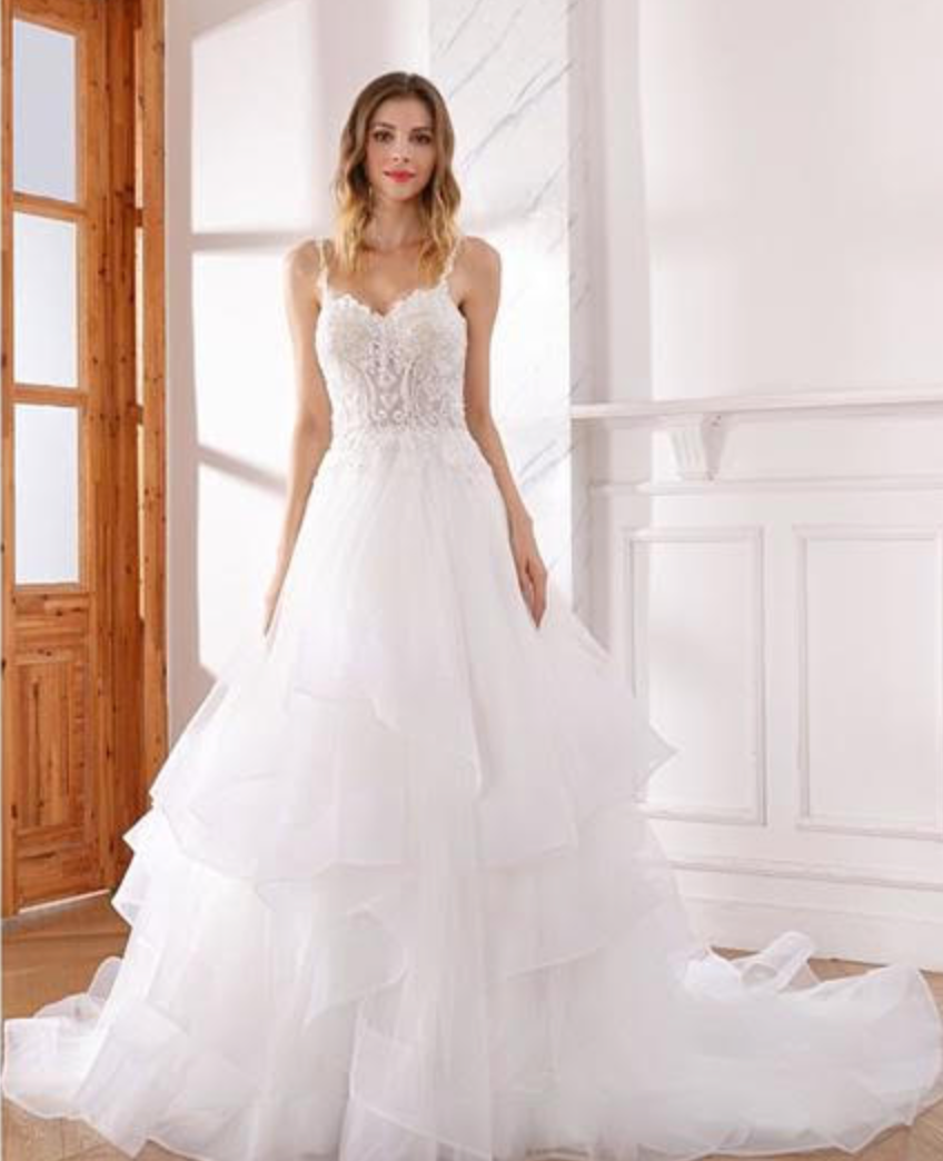 Ruffled Beaded Luxury A Line Wedding Gown