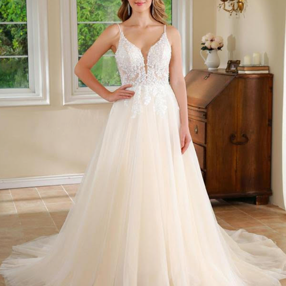 Deep V Lace A Line Garden Wedding Gown