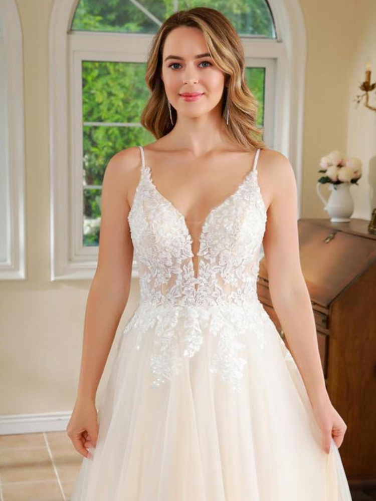 Deep V Lace A Line Garden Wedding Gown