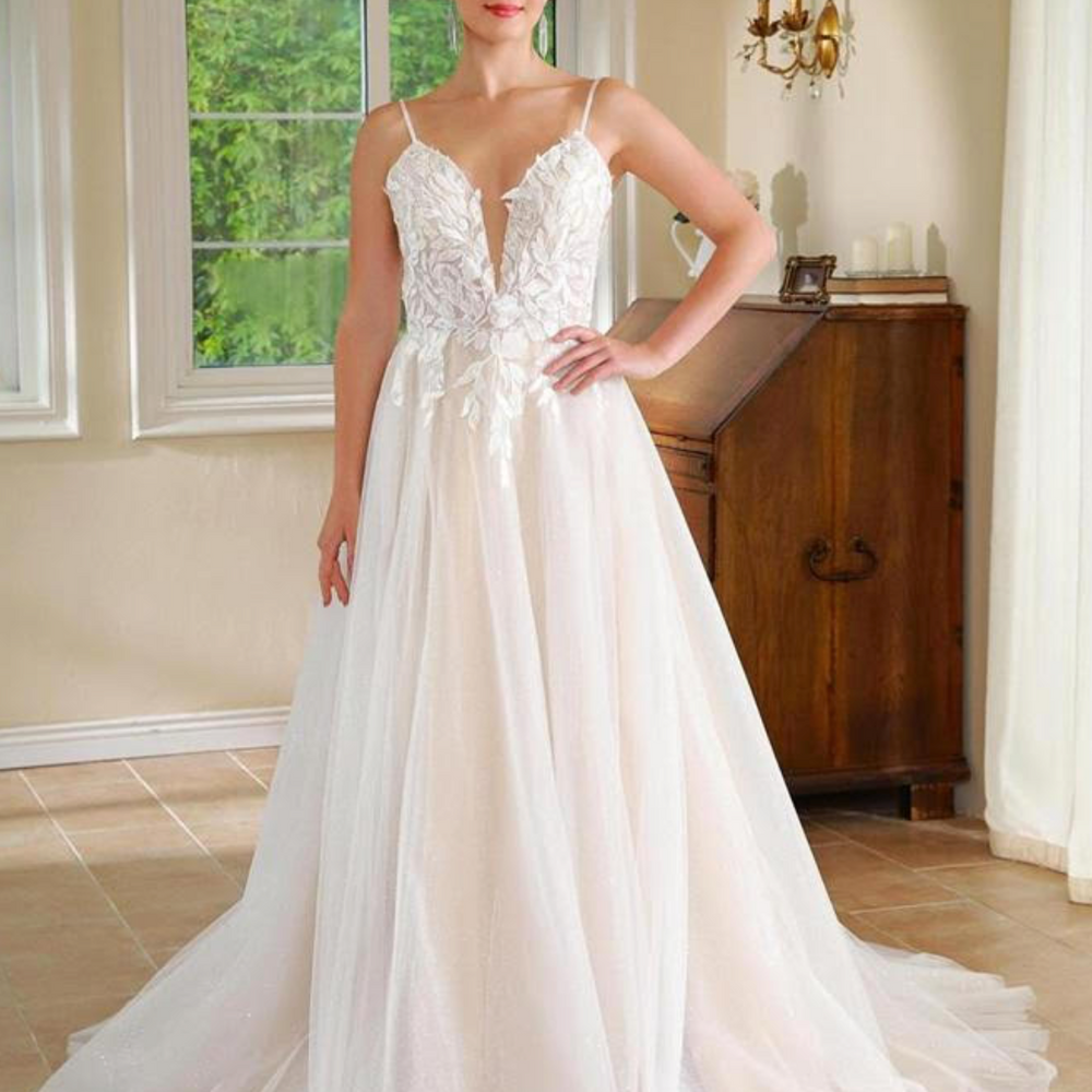 Illusion Lace Deep V Tulle A Line Wedding Gown