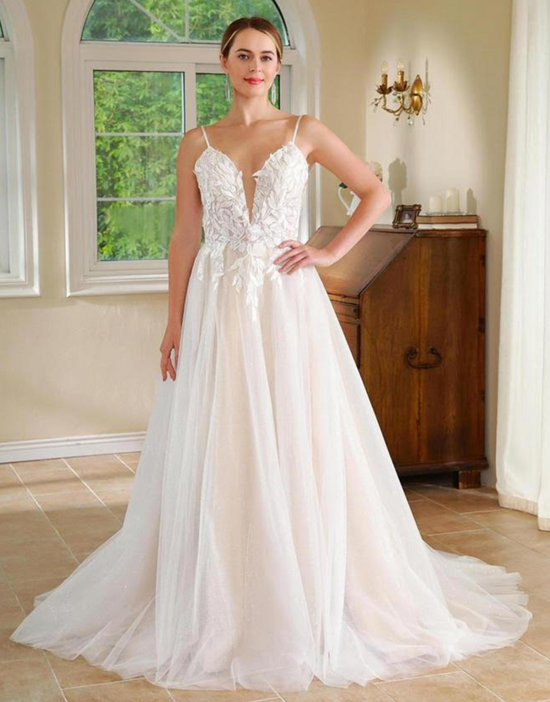 Illusion Lace Deep V Tulle A Line Wedding Gown