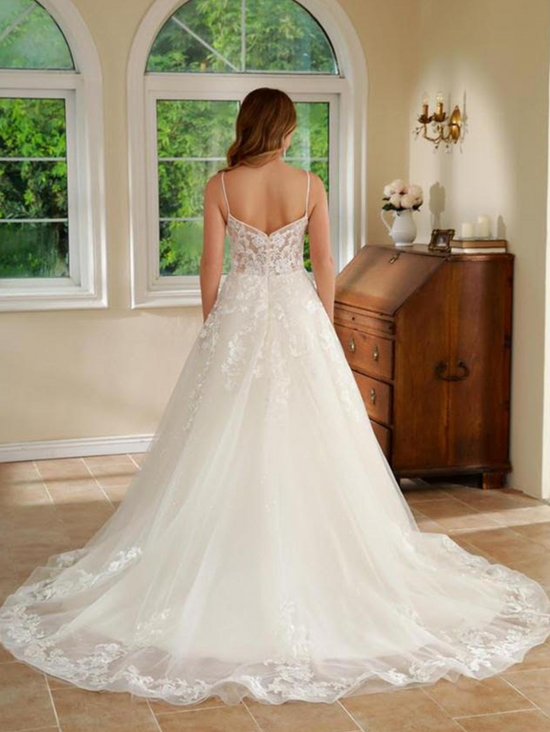 Floral Lace Princess A-line Wedding Dress with Sleeves Ball Gown