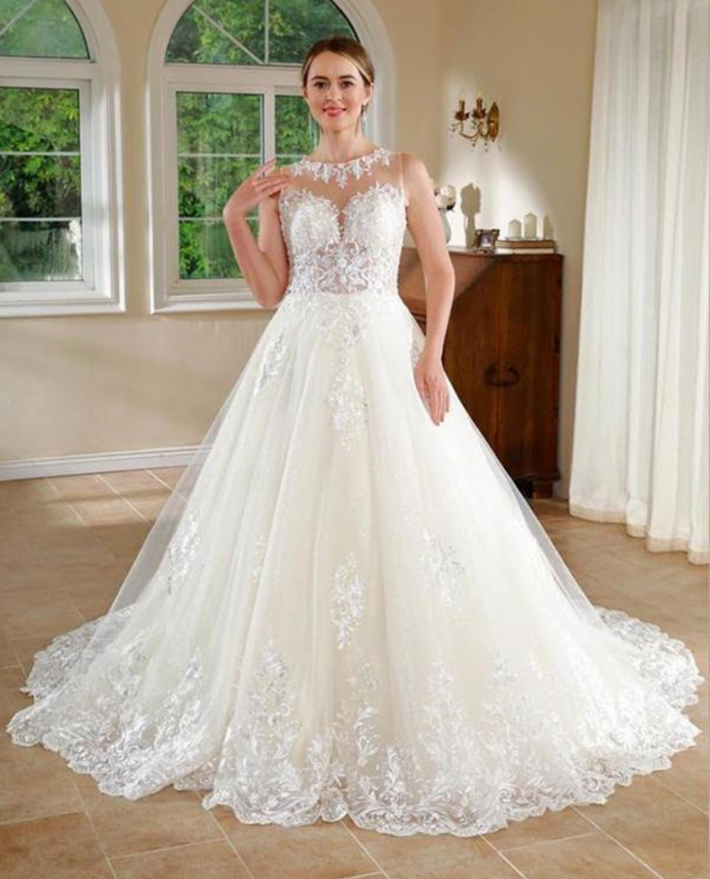 Illusion Lace Scoop Neck A Line Bridal Gown