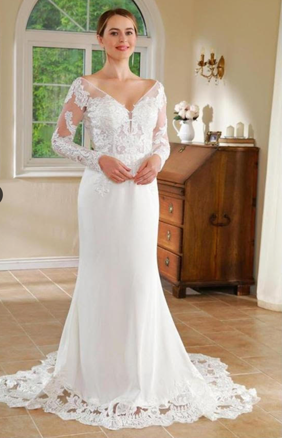 Lace Fit & Flare Wide V Satin Bridal Wedding Gown