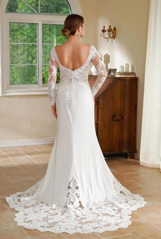 Lace Fit & Flare Wide V Satin Bridal Wedding Gown