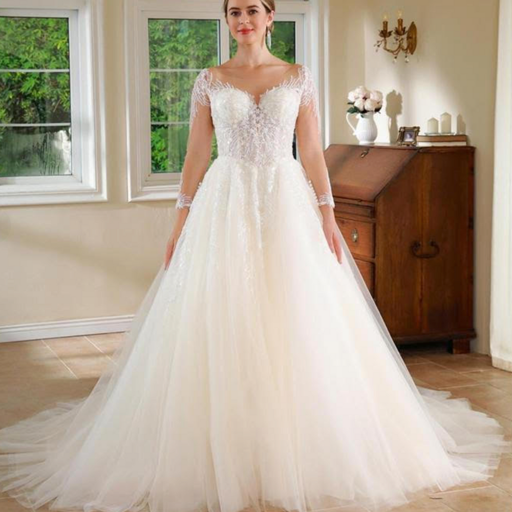 Beaded Lace Tulle Modern A Line Wedding Gown