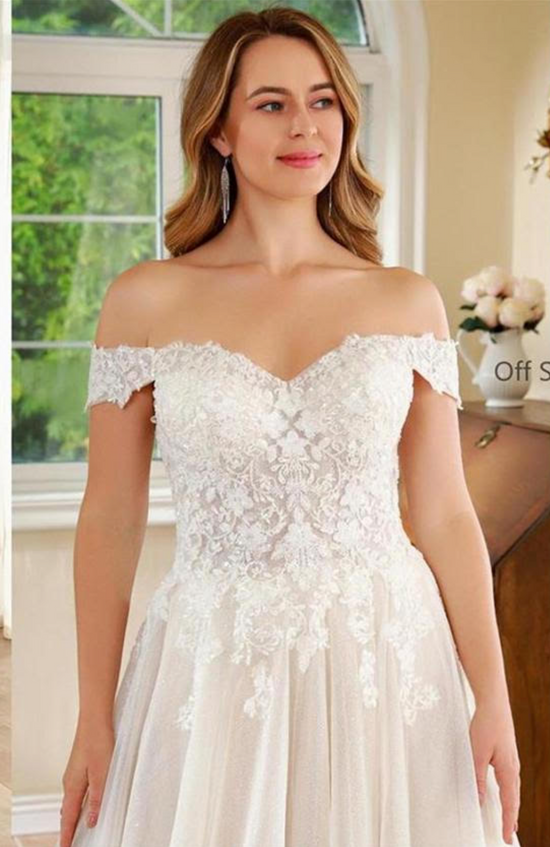 Off Shoulder Lace Cuff Bridal A Line Wedding Gown