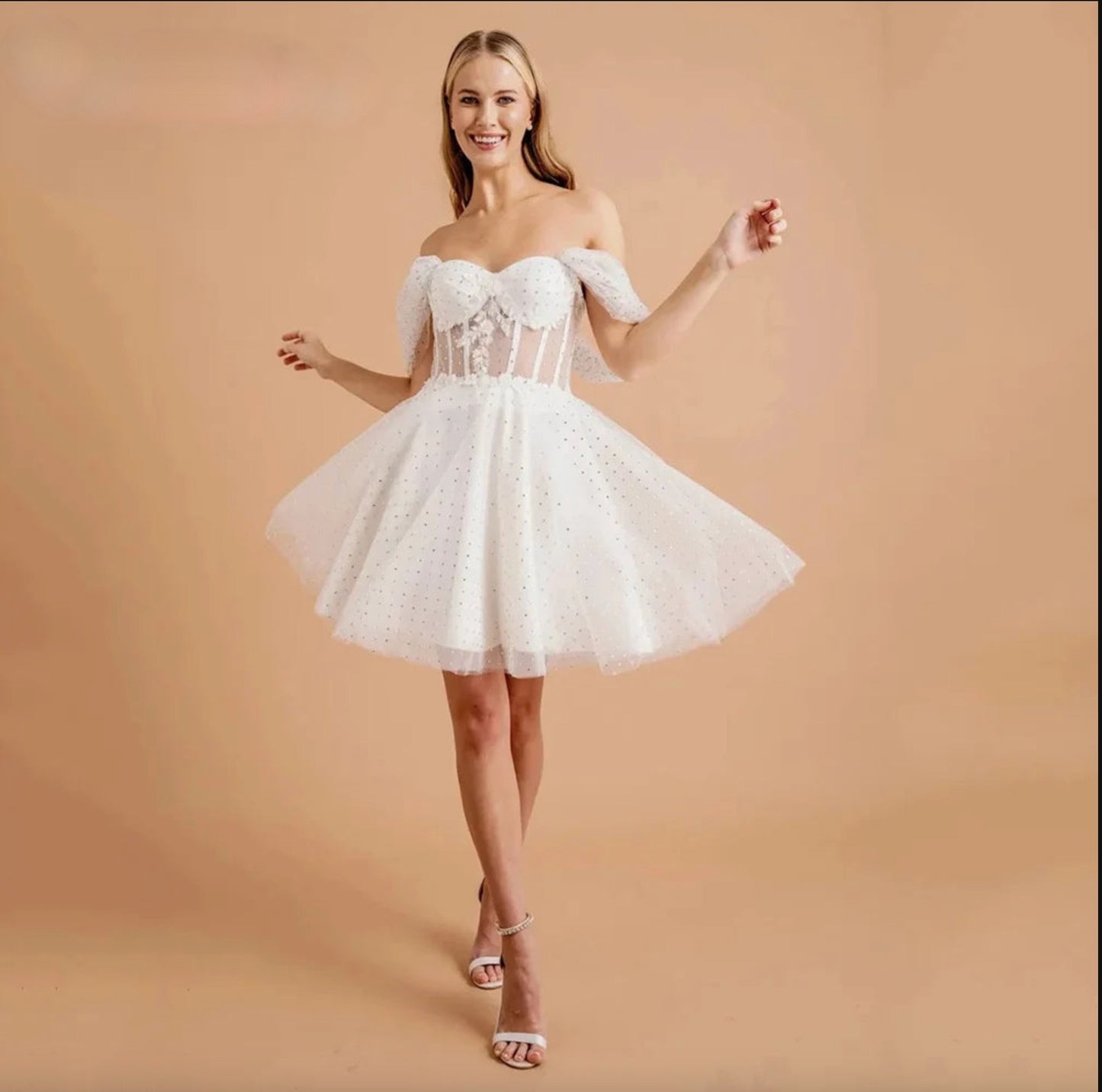 Short A-Line  Sequined Tulle Sweetheart Off the Shoulder Sleeve Mini Wedding Dress