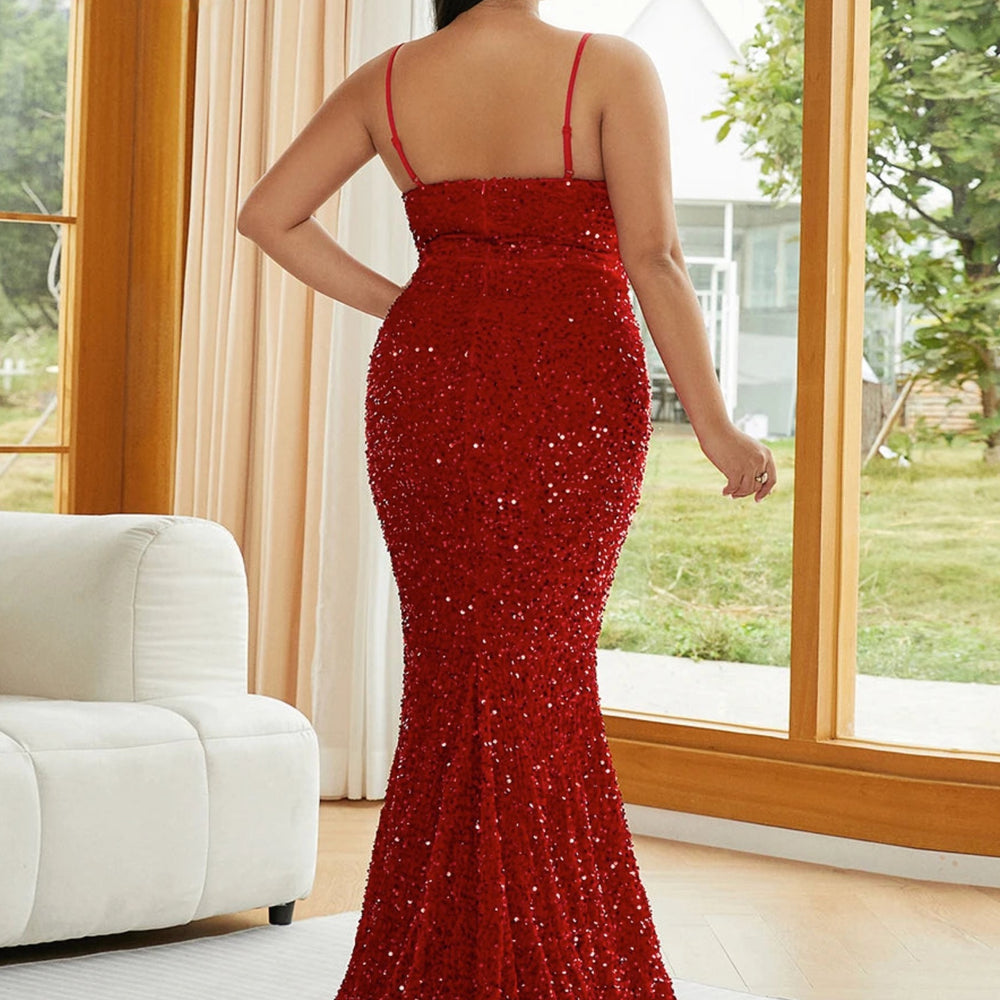 Red Sequin Plus Size Evening Dress Elegant Bodycon Mermaid Gown