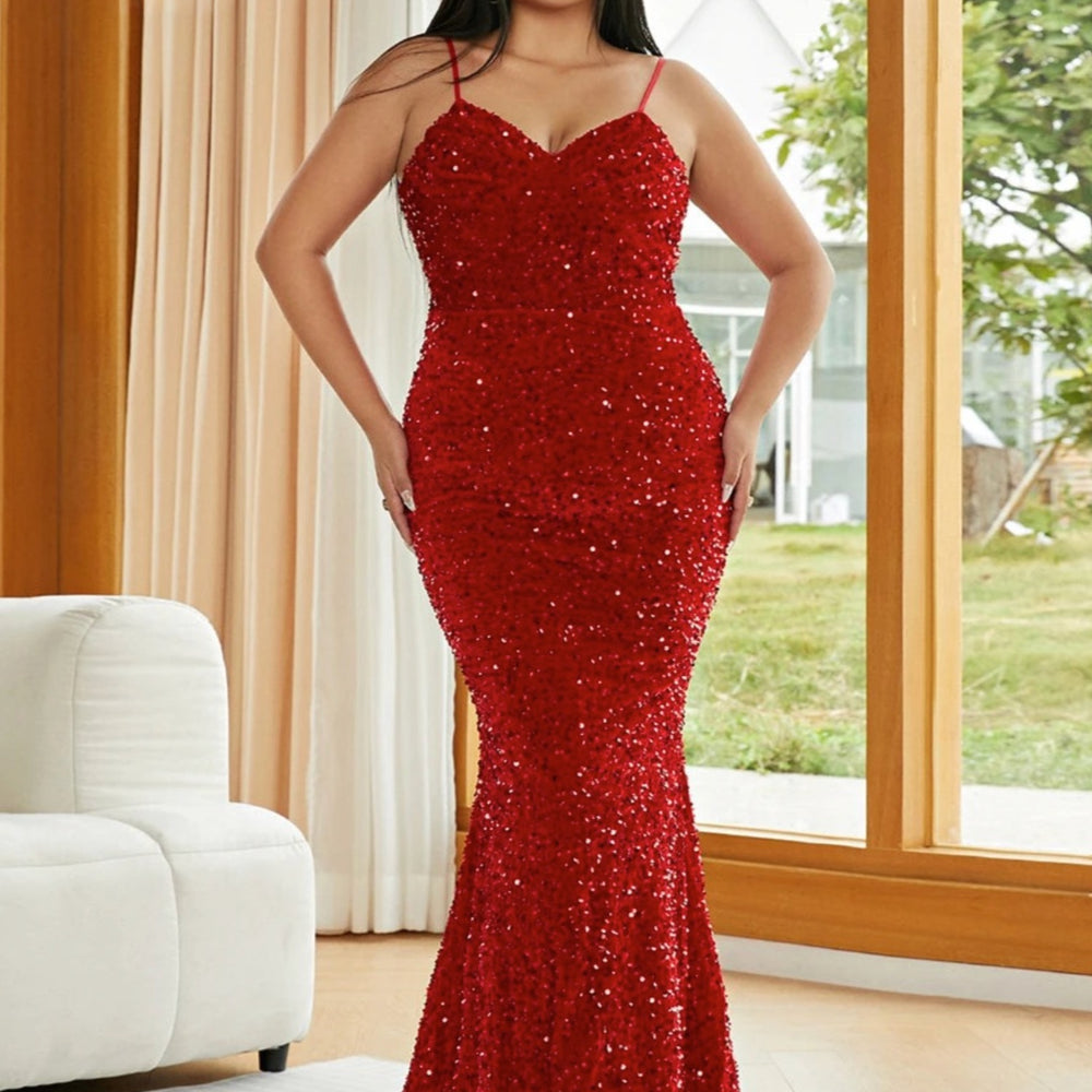 Red Sequin Plus Size Evening Dress Elegant Bodycon Mermaid Gown