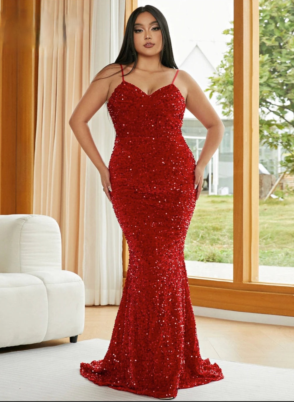 Red Sequin Plus Size Evening Dress Elegant Bodycon Mermaid Gown