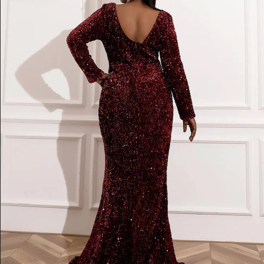 Wine Sequined Plus Size Evening Dress Long Sleeve Thigh Split Bodycon Maxi Dress