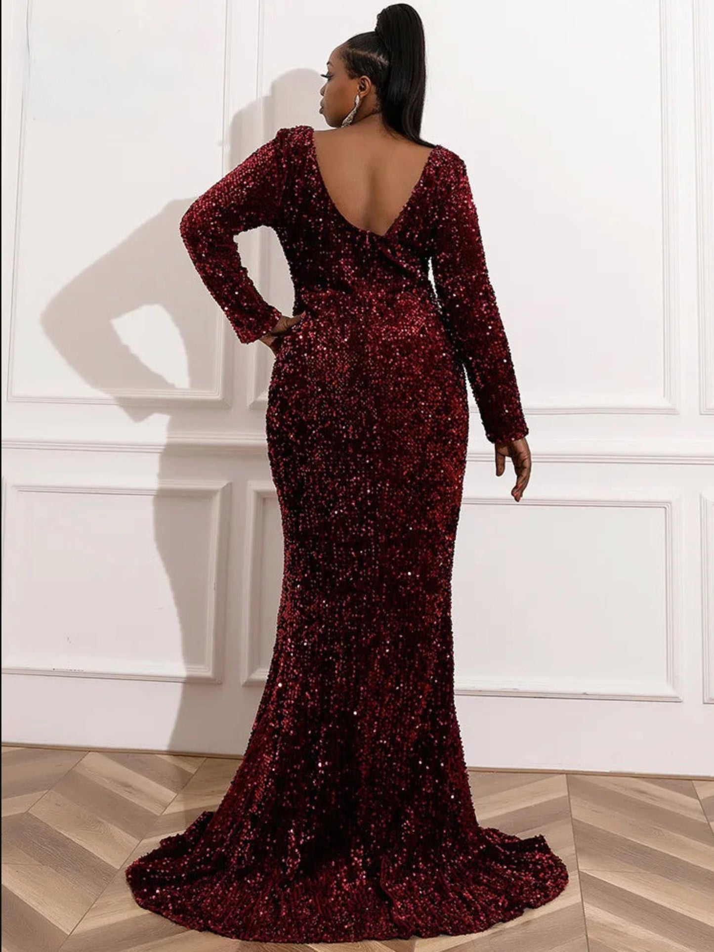 Wine Sequined Plus Size Evening Dress Long Sleeve Thigh Split Bodycon Maxi Dress