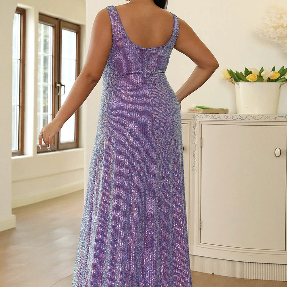 
                      
                        Purple Sequin Plus Size  V Neck Sleeveless A-line Party Gown
                      
                    