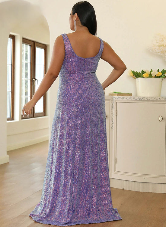 Purple Sequin Plus Size  V Neck Sleeveless A-line Party Gown