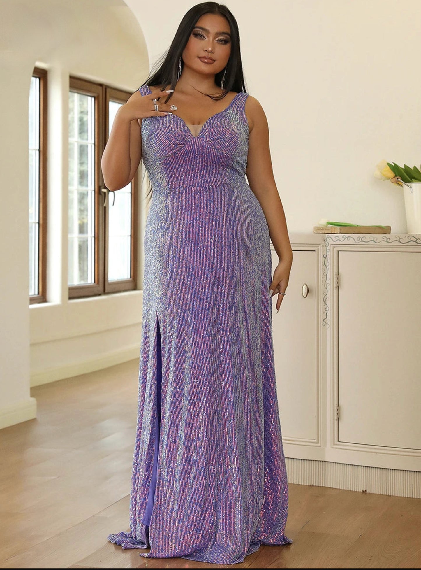 Purple Sequin Plus Size  V Neck Sleeveless A-line Party Gown
