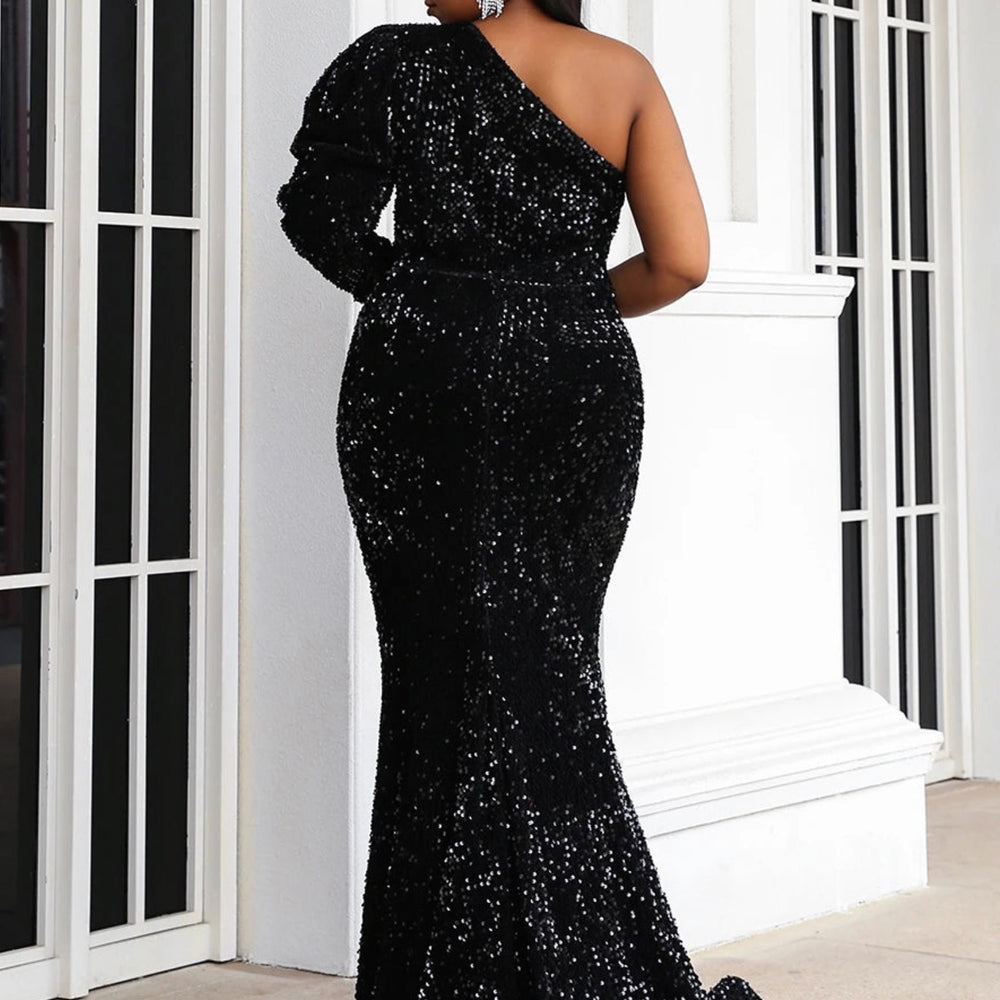 Black Sequin Plus Size Party Dress One Shoulder Cutout Bodycon Maxi Gown