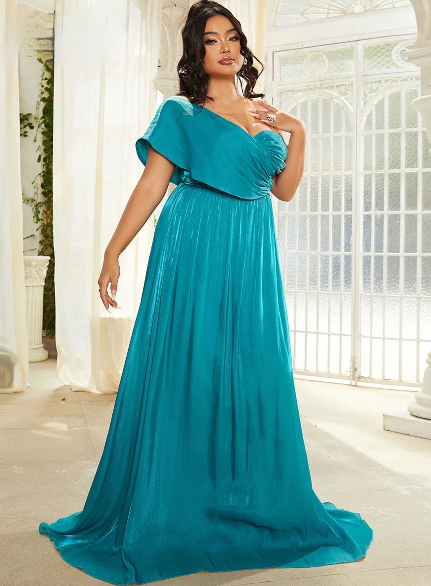 Elegant One Shoulder Cross Ruched A-line Maxi Evening Party Gown